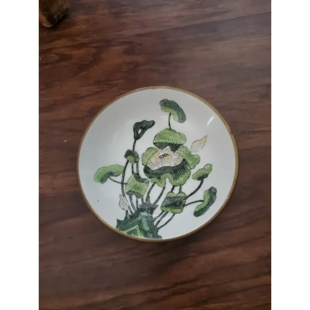 Vintage ACF Japanese Porcelain Ware Bowl Metal Encased 5 3/4” Floral Green MCM